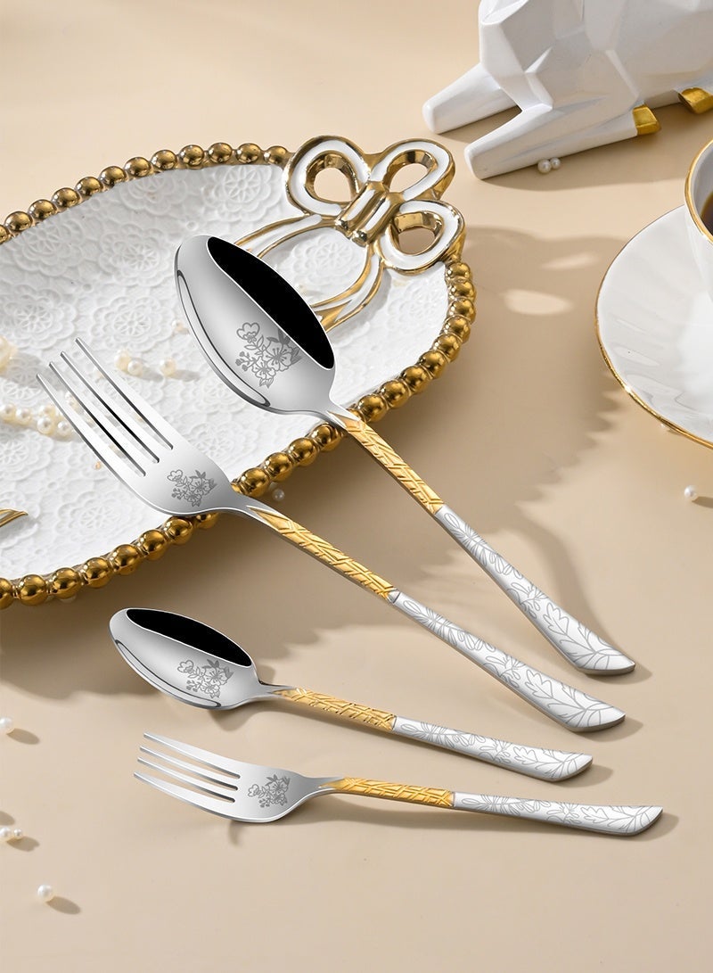 SUNHOME 24-Piece Stainless Steel Cutlery Set with Gold Handle, Elegant Floral Pattern Flatware Set , Mirror Polished Food Grade Tableware, Ideal for Home Kitchen, Party and Eid Gift - Image 5